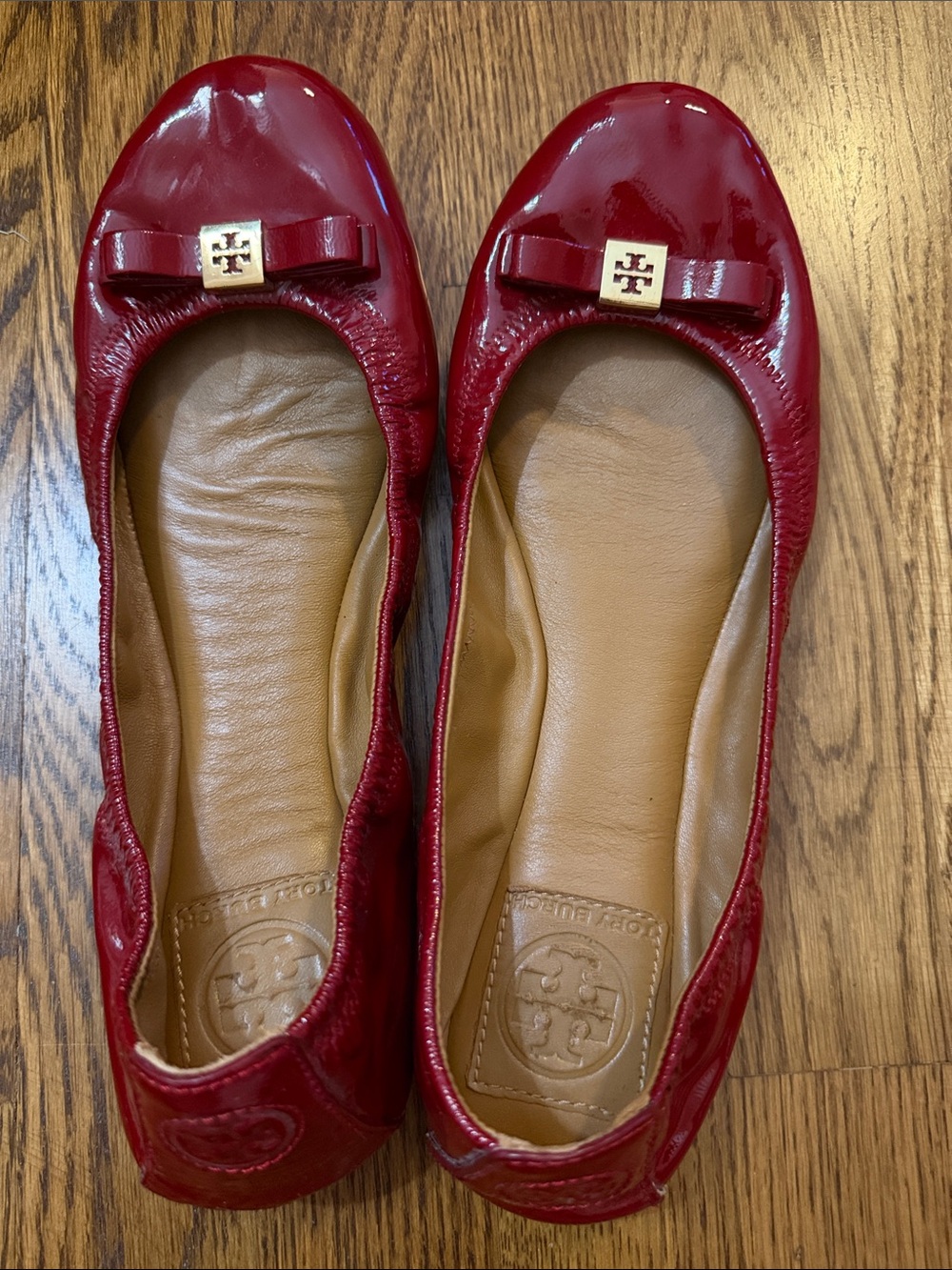 Tory Burch Dark Red Patent Leather Bow Ballet Flats with Gold Logo